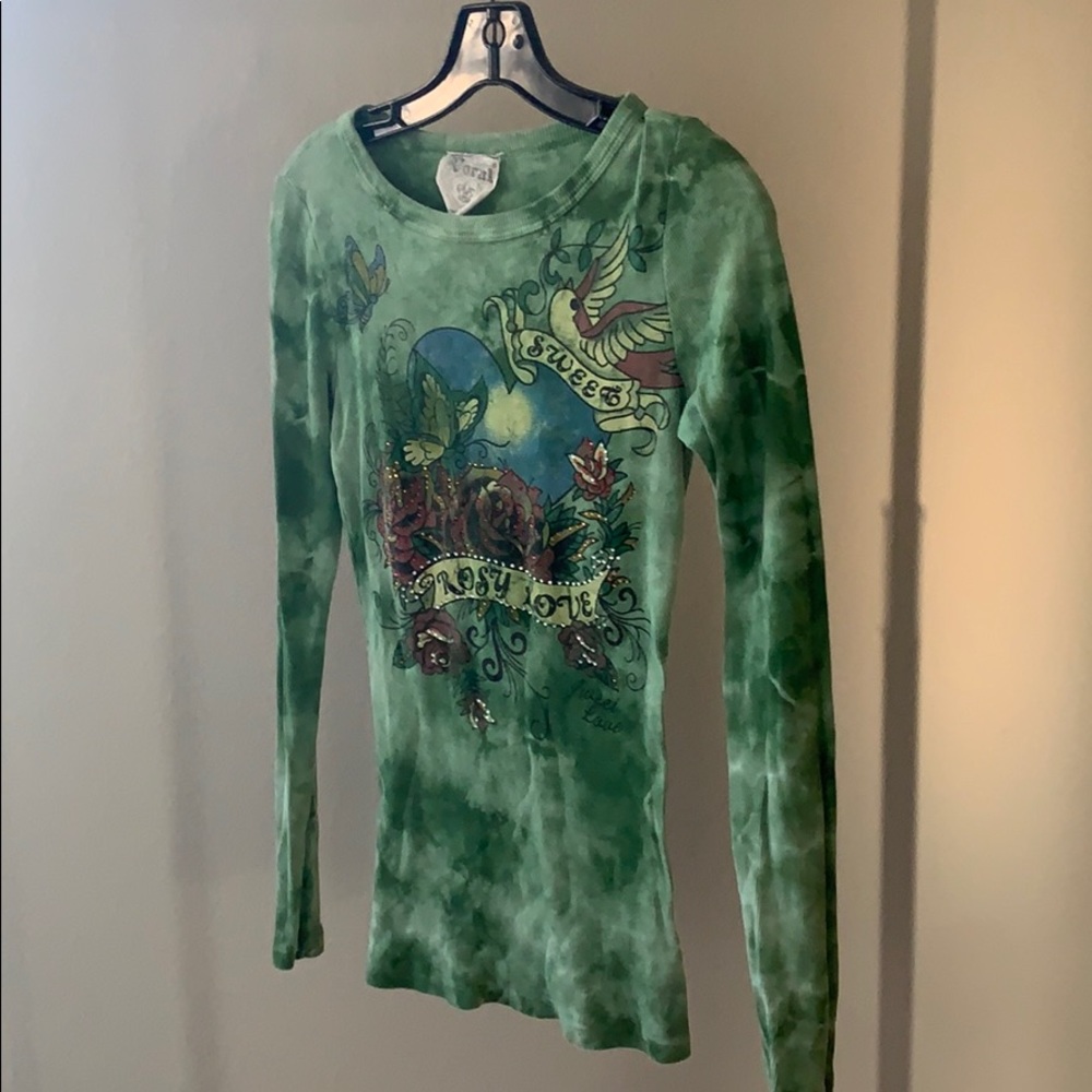 Vocal long sleeve green tie dye top rhinestones